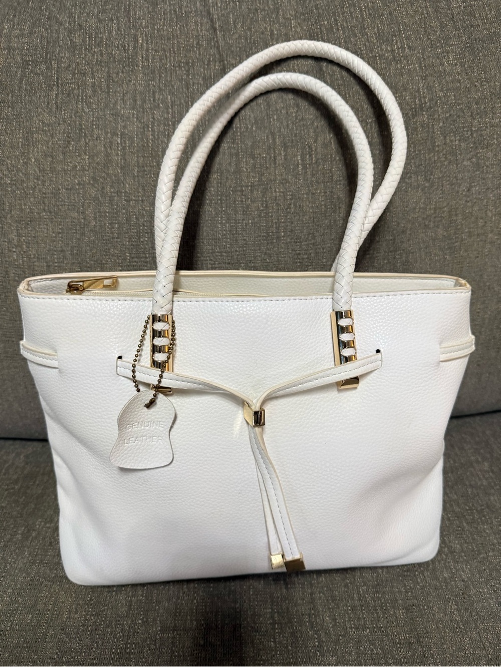 White Genuine Leather Tote Handbag with Gold Accents